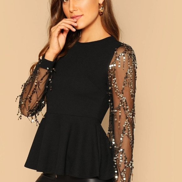 3/$25💦 BLING Sequin Mesh Sleeve Peplum Top Blouse - Picture 3 of 9